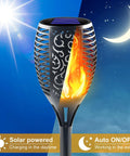 8 Pack Solar Tiki Torches With Realistic Flickering Flame under moon and sun, showcasing solar panel and auto ON/OFF feature