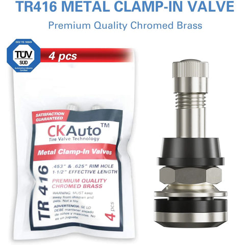CKAuto TR416 metal clamp-in valve stems, 4 pcs, outer mount, chrome brass, 1.5 in length, fits .453/.625 rim holes