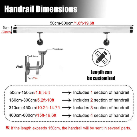 Handrail dimensions for Crystal Clear Acrylic Stair Handrail Built Like A Tank With Corrosion Resistant Brackets For Quick Wall Mounting.