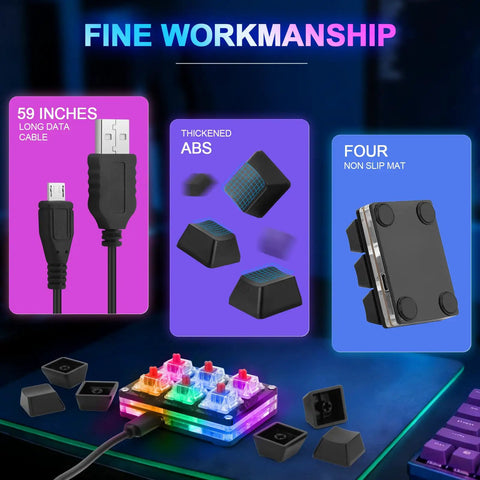 Turn Your Rig Into A Dope Gaming Station With This Compact Six Key Programmable Macro Keypad showing USB cable, ABS keys, and non-slip base.