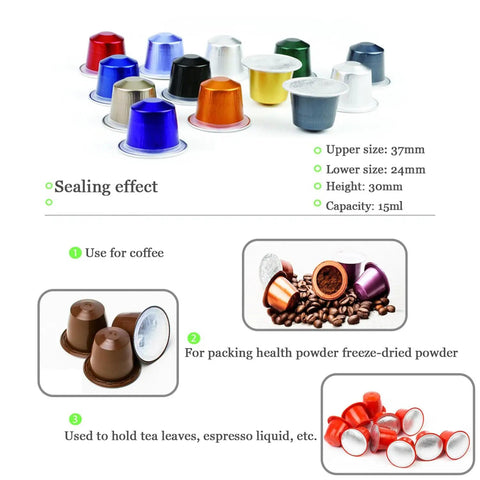 Various colored coffee capsules for use with Coffee Capsule Sealing Machine 300W Manual Cup Sealer for home and commercial use.