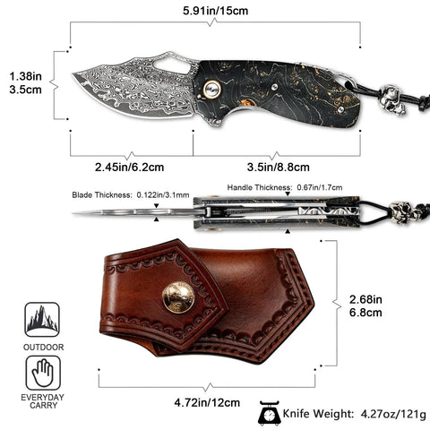 Damascus Steel Pocket Folding Knife With 2.45 Inch Razor Sharp Blade Handmade Craftsmanship Stabilized Wood Handles Cowhide Sheath EDC