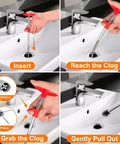 Demonstration of using 25 Inch Drain Snake Hair Remover Set with metal claw to clear sink drain clog step by step