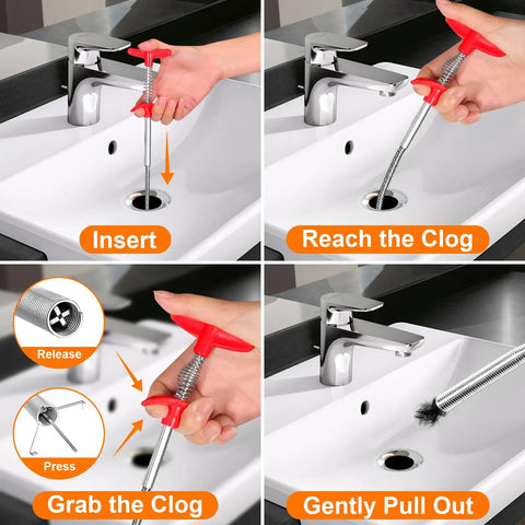 Demonstration of using 25 Inch Drain Snake Hair Remover Set with metal claw to clear sink drain clog step by step