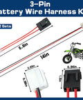 Image of Two Pack Battery Wire Harness Kit For MX350 MX400 PR200 14 AWG Pure Copper Wire With 3 Hole Plug And Plug In Play Direct Replacement For Quads Pocket Mod Rocket V45, showcasing wire measurements and plug details.