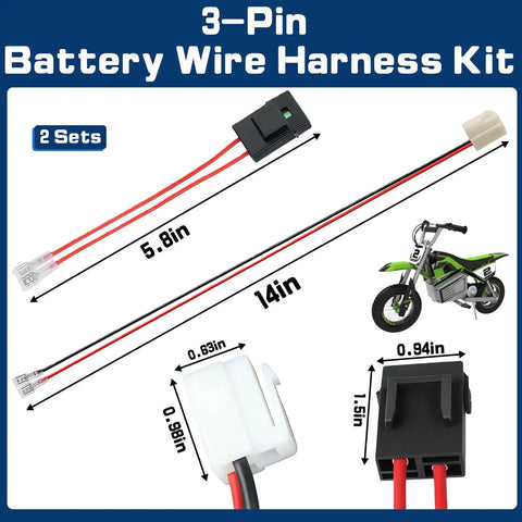 Image of Two Pack Battery Wire Harness Kit For MX350 MX400 PR200 14 AWG Pure Copper Wire With 3 Hole Plug And Plug In Play Direct Replacement For Quads Pocket Mod Rocket V45, showcasing wire measurements and plug details.