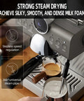 Compact Espresso Machine With 20 Bar Pump And Manual Steam Milk Frother For Classic Lattes And Iced Coffee With Bright Lcd Panel showing digital display and steam pipe.