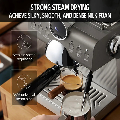 Compact Espresso Machine With 20 Bar Pump And Manual Steam Milk Frother For Classic Lattes And Iced Coffee With Bright Lcd Panel showing digital display and steam pipe.