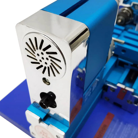 Close-up of WYDDDARY Mini Metal Lathe Machine 3000RPM High-Speed Spindle showing detail of cooling vent and metal finish.