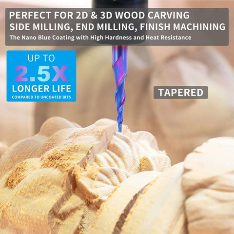 1/4 shank tapered ball-nose end mill, 1/16 tip (1/32 radius), solid carbide CNC router bit for wood carving