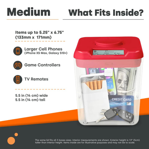Medium Time Locking Container For Cell Phones And Snacks, 5.5 Inch Clear Base With Red Lid, showing contents inside