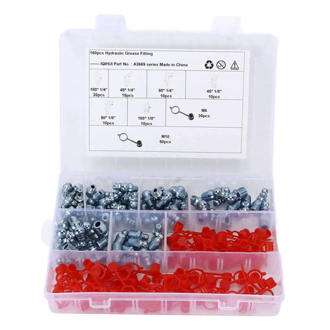 Heavy Beefy 160 Pieces Grease Fitting Kit With Zerk Nipples Incl 45 90 180 Deg Elbows Plus Straight Nuts In Storage Box Made For Cars Motorcycles Trucks And Farm Tractors For Keeping Your Rig Rocking Strong, plastic organizer with M6 and M10 fittings