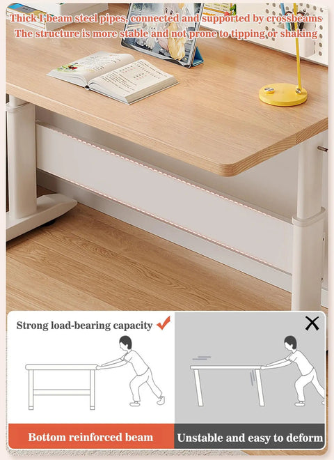 Built Like A Tank Height Adjustable Standing Desk With Solid Wood Top And Heavy Gauge Steel Frame Featuring Deep Storage Drawer. View of crossbeam support for stability.