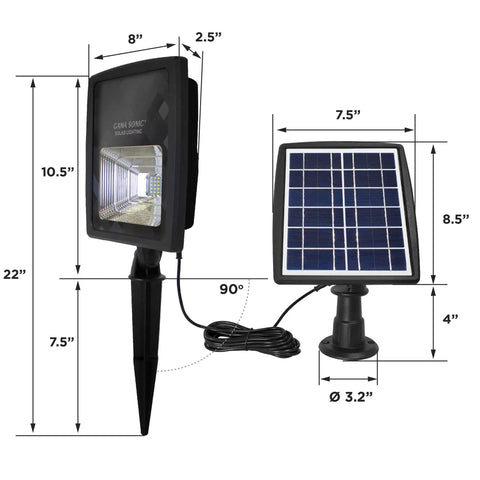 Outdoor Solar Flood Light in Black Cast Aluminum with Warm White 2700K LEDs, detachable solar panel, measurements shown