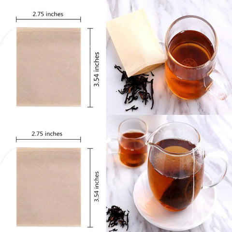 400 Count Disposable Tea Filter Bags With Drawstring For Loose Leaf Tea Unbleached Natural Paper 7 By 9 Cm shown with tea cup