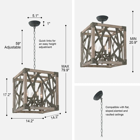 4 Light Wood And Black Metal Pendant Lights For Kitchen Island Modern Farmhouse Rustic Dining Room Chandelier Lighting with Square Cage and adjustable chain shown with dimensions.