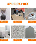 4-inch diamond drill bit set for glass, ceramic tile, porcelain and marble; collage shows marble, ceramic, glass, porcelain, granite and brick applications