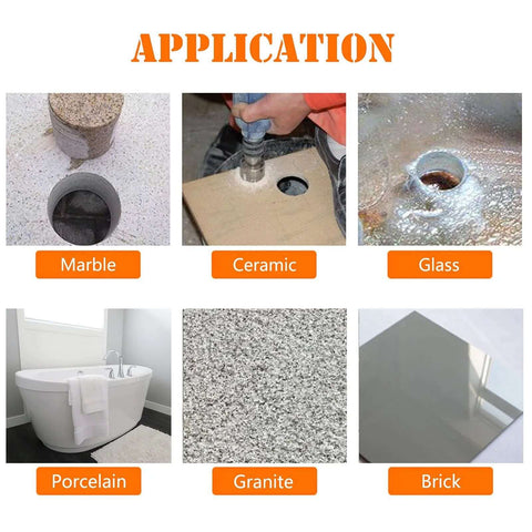 4-inch diamond drill bit set for glass, ceramic tile, porcelain and marble; collage shows marble, ceramic, glass, porcelain, granite and brick applications