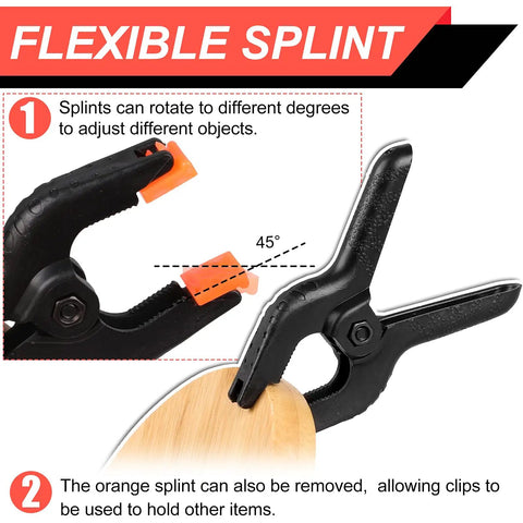 8 Pack 4.5 Inch Spring Nylon Clamps Heavy Duty Plastic Clips showing flexible orange splints at 45-degree angle for crafts