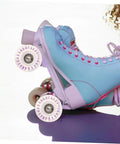 Blue roller skates with 2 Pack LED Quad Roller Skate Wheels Light Up Replacement For Indoor Outdoor Skating Smooth Glide Transparent Wheels Durable For All Ages And Street Skating Fun, side view