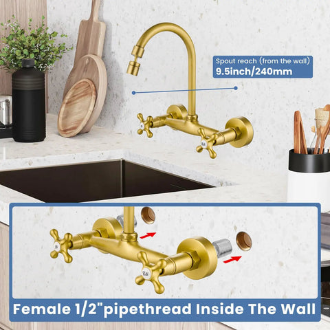 Installation view of Wall Mount Kitchen Faucet With Sprayer, 360 Degree Swivel Spout, Double Cross Handles, 8 Inch Center, Antique Brass