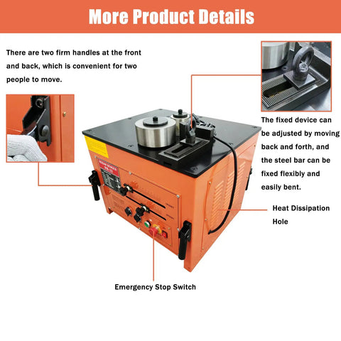 Built Like A Tank Electric Rebar Bender With Finger Tip Foot Switch Table Stand Setup For Quick Steel Rod Bending And Smooth 0 To 180 Degree Angles On Tough Jobs with emergency stop switch and adjustable fixed device.