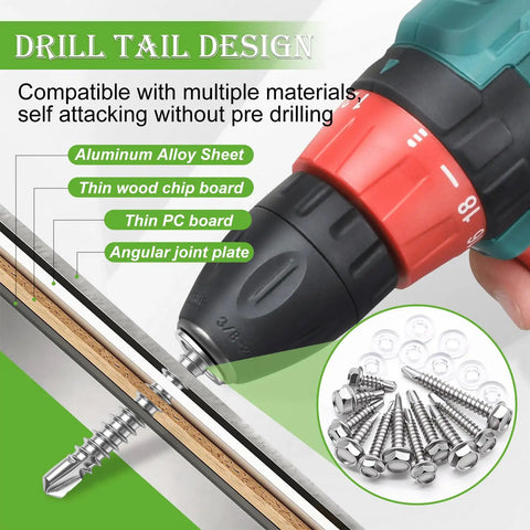 Pro Grade Hex Washer Head Self Drilling Screws And Tapping Fasteners From Tough 410 Stainless Steel With 300 Piece Assorted Kit Plus Matching Washers In A Clear Case for versatile drilling on wood and metal.