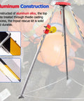 Tough As Nails Heavy Duty Confined Space Tripod Kit Featuring Auto Engaging Winch and Pro Grade Anti Fall Arrest Gear for Tight Industrial Rescue Operations, showcasing aluminum construction.