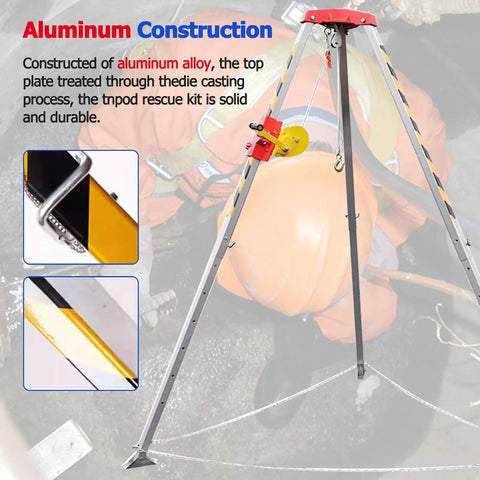 Tough As Nails Heavy Duty Confined Space Tripod Kit Featuring Auto Engaging Winch and Pro Grade Anti Fall Arrest Gear for Tight Industrial Rescue Operations, showcasing aluminum construction.