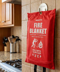 Three Pack Fire Blanket Set for Home and Kitchen, 40 By 40 Inches, Fiberglass Construction With Inner Fire Retardant Film, hung in kitchen