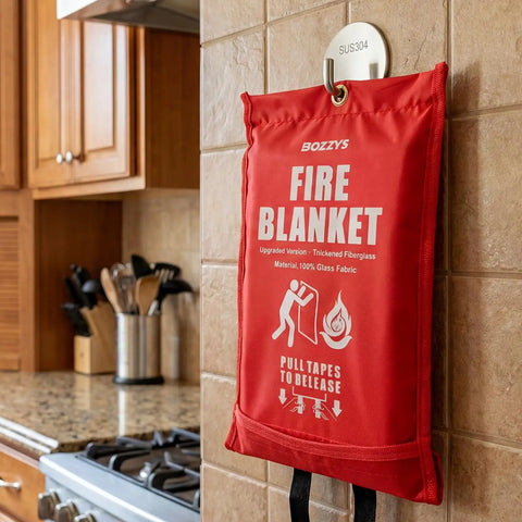 Three Pack Fire Blanket Set for Home and Kitchen, 40 By 40 Inches, Fiberglass Construction With Inner Fire Retardant Film, hung in kitchen