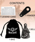 Contents with guardian Dream Apparel bell, hanger, legend card, and velvet bag for Motorcycle Bell With Hanger Chain Spirit Go Away Jingle Bell For Biker Magnesium Alloy Rider Accessory For Good Luck And Safe Riding Road Adventure Spirit Shield Key Chain Bell.