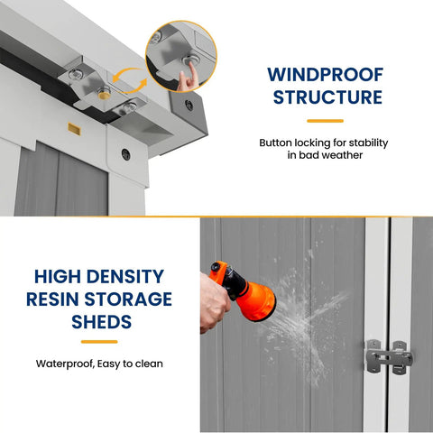Close-up of lock and water test on Spacious Outdoor Storage Shed With Floor Included, 41 Cu Ft Resin Weatherproof Storage Box