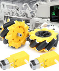 Mecanum wheel set for geared motor, front view, 80mm yellow wheels with rubber-coated rollers and motors