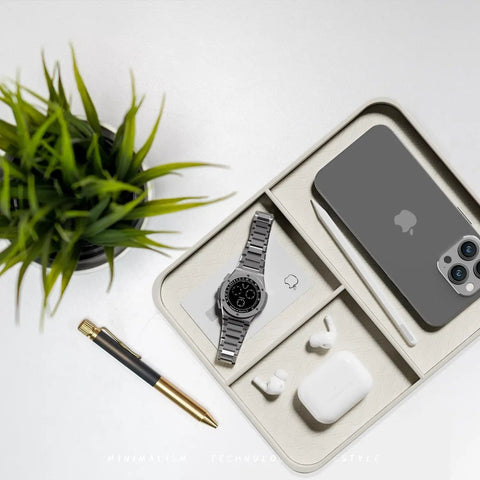 Premium PU Leather Jewelry And Key Organizer Grab-And-Go Tray For Desk with phone, watch, pen, and earbuds