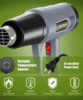 Gray Dual Temp Heat Gun With 4 Nozzles Kit, Heats Up To 1202F, 900 To 1300W, Overload Protection, 5 Ft Cord, front view.