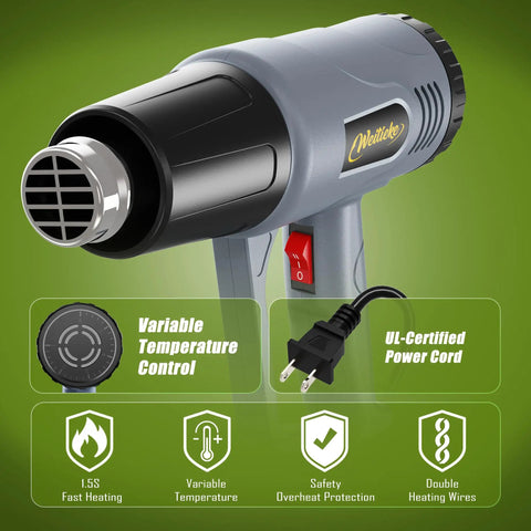Gray Dual Temp Heat Gun With 4 Nozzles Kit, Heats Up To 1202F, 900 To 1300W, Overload Protection, 5 Ft Cord, front view.