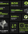 Image showing specifications of 20W Fiber Laser Engraver For Metal Jewelry Leather And More AI Powered Deep Engraving 10X Faster With Cloud Data And Lightburn Compatibility Compact And Affordable, highlighting speed, precision, and compatibility features.