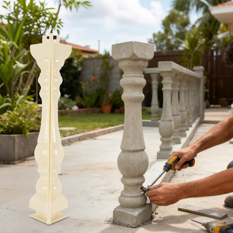 2-Piece Roman Column Balustrade Mold next to finished concrete pillars, outdoor DIY installation scene
