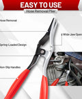 Ultimate 4-Piece Hose Clamp Pliers Kit with long reach spring pliers showing hose removal plier with red handles and wide jaw opening.