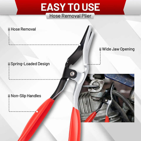 Ultimate 4-Piece Hose Clamp Pliers Kit with long reach spring pliers showing hose removal plier with red handles and wide jaw opening.