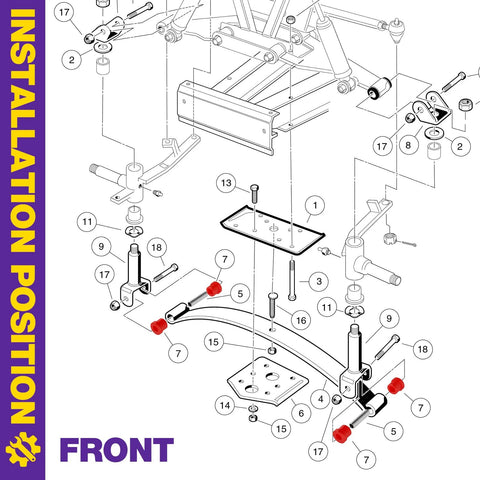 Club Car DS leaf spring bushing kit with polyurethane bushings and sleeves; front and rear for 1981-up DS golf carts, red.