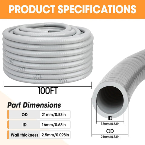 Product specifications of 100 Ft Liquid Tight Conduit And Connector Kit For Half Inch Flexible Non Metallic Electrical Conduit With Five Straight And Three Angle Fittings PVC Conduit Kit No Fuss Setup Built To Last Corrosion Resistant With Smooth Interior For Easy Wire Pulling with dimensions.