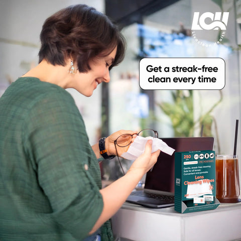 Teal 250-count lens cleaning wipes box on desk beside laptop; person cleaning eyeglasses with a wipe