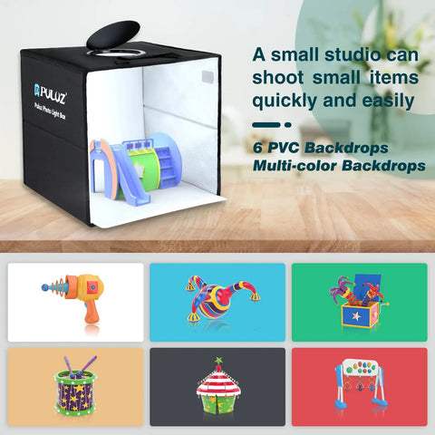 12X12 Photo Studio Light Box With 120 Led Beads, High Cri Ring Light Board, Foldable Pop Up Photo Booth Kit For Crushing Product Shoots And Amping Up Content Vibes showcasing toys inside the light box with PVC backdrops.