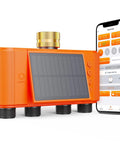 Solar Powered WiFi Sprinkler Timer With 4 Zones And Water Flow Meter alongside smartphone app interface