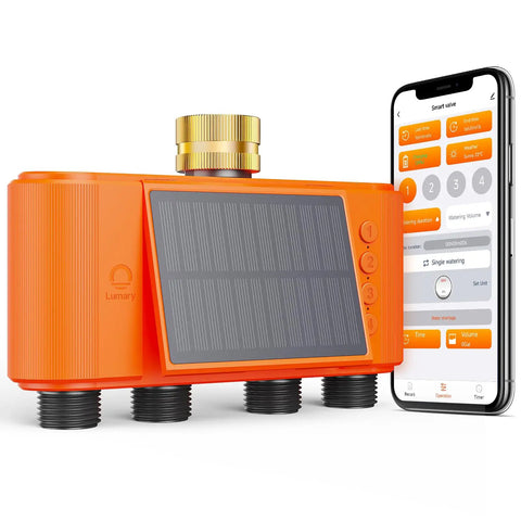 Solar Powered WiFi Sprinkler Timer With 4 Zones And Water Flow Meter alongside smartphone app interface