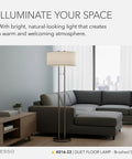 Brushed Steel Floor Lamp With Ivory Fabric Shade, Dual Pull Chain And Double Socket Design in modern living room setting