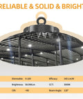 Ultra Bright 240W UFO LED High Bay Light With Dimmable Remote, 58,000 Lumens, 5000K Cool White, shown in warehouse ceiling