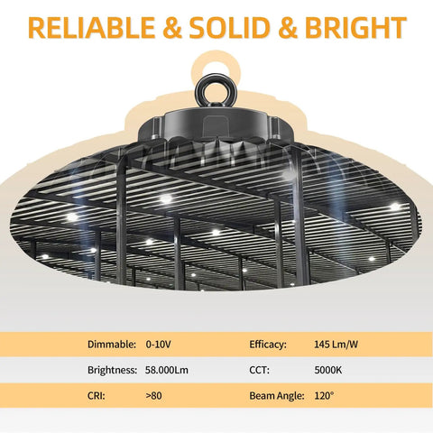 Ultra Bright 240W UFO LED High Bay Light With Dimmable Remote, 58,000 Lumens, 5000K Cool White, shown in warehouse ceiling